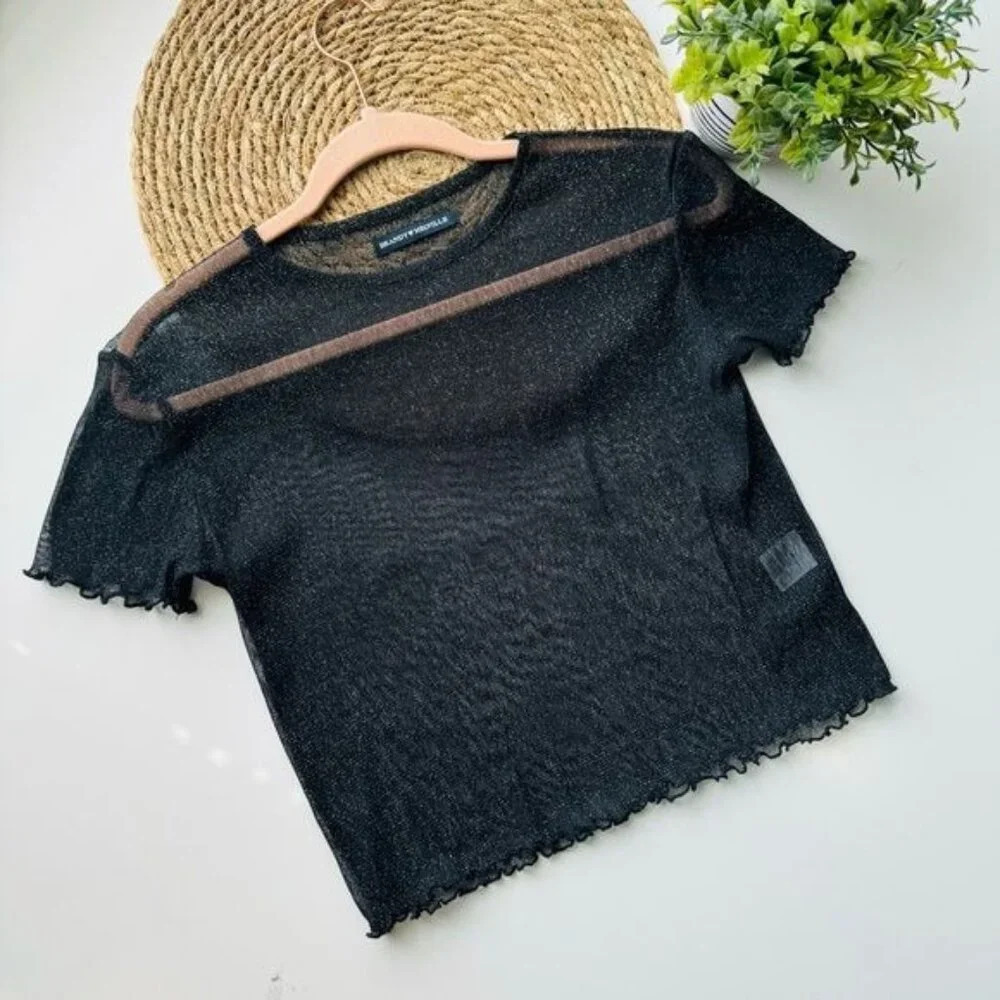 BRANDY MELVILLE Black Porter Sheer Glitter Top‎